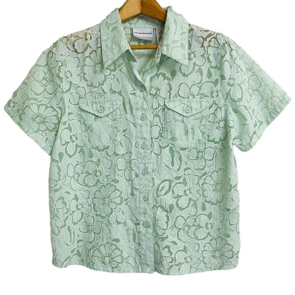 Vintage Alfred Dunner Green Floral Shimmer Button Up Top - Size 8